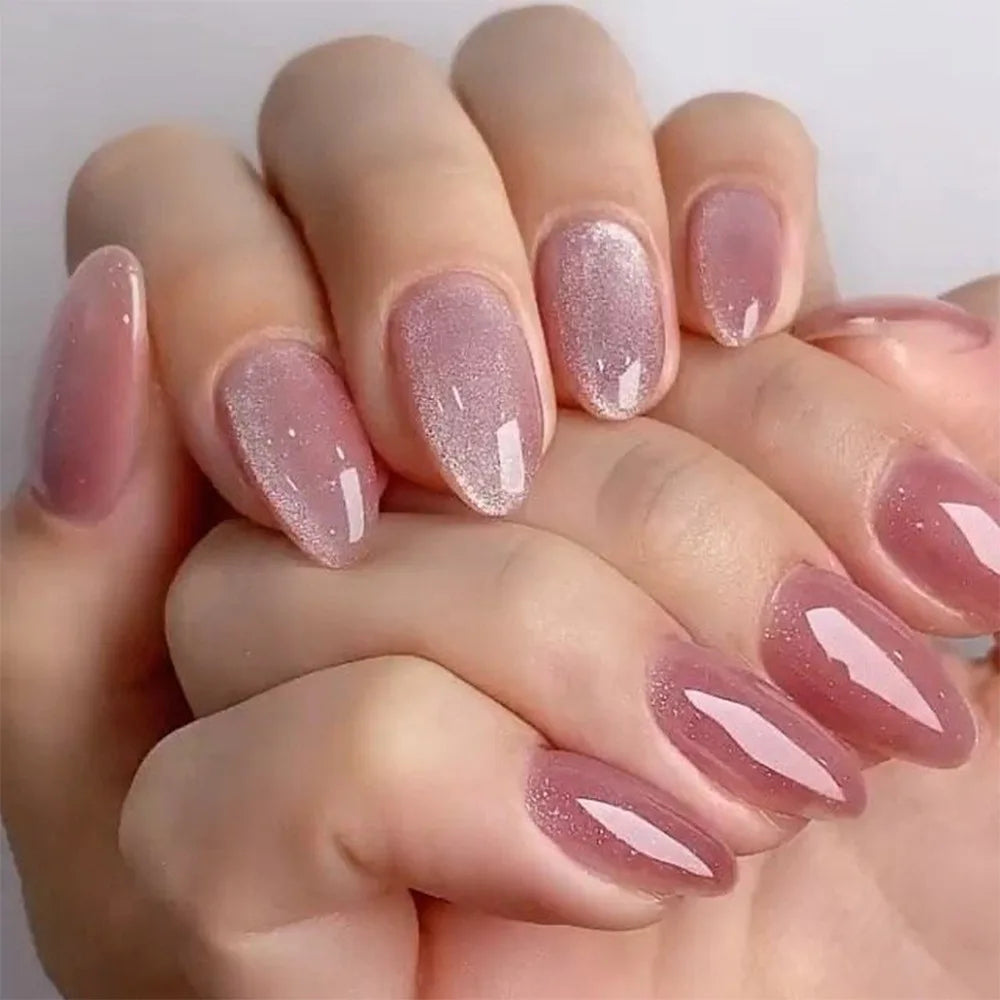 24Pcs Metallic Cat Eye French Sheer Manicure Tip Art Textured 3D Acrylic False Nails Nude Pink Almond Medium Press on Fake Nails