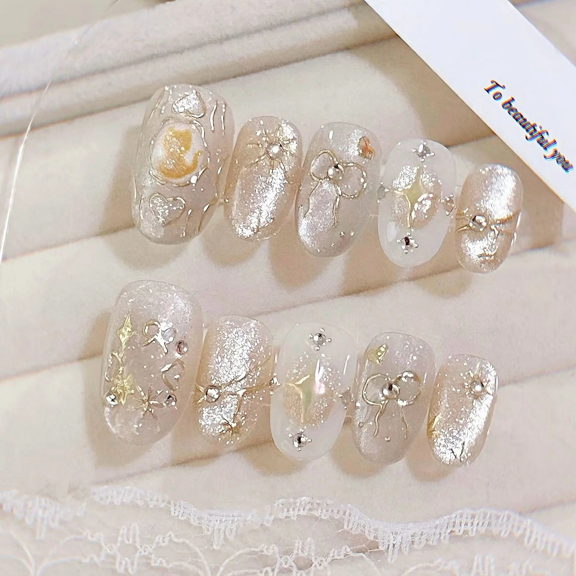 24pcs Cat's Eye Purple False Nail Tip Spring Aurora Starlight Rhinestone Design Fake Nail Reusable Short Oval Press on Nails Art