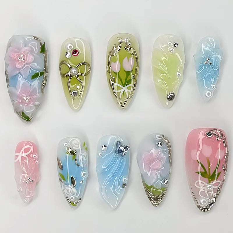 24Pcs False Nails Spicy Girl Silver Bow with Diamond Fake Nails with Glue Almond Press on Nails Black Cool Y2k Almond Nail Set