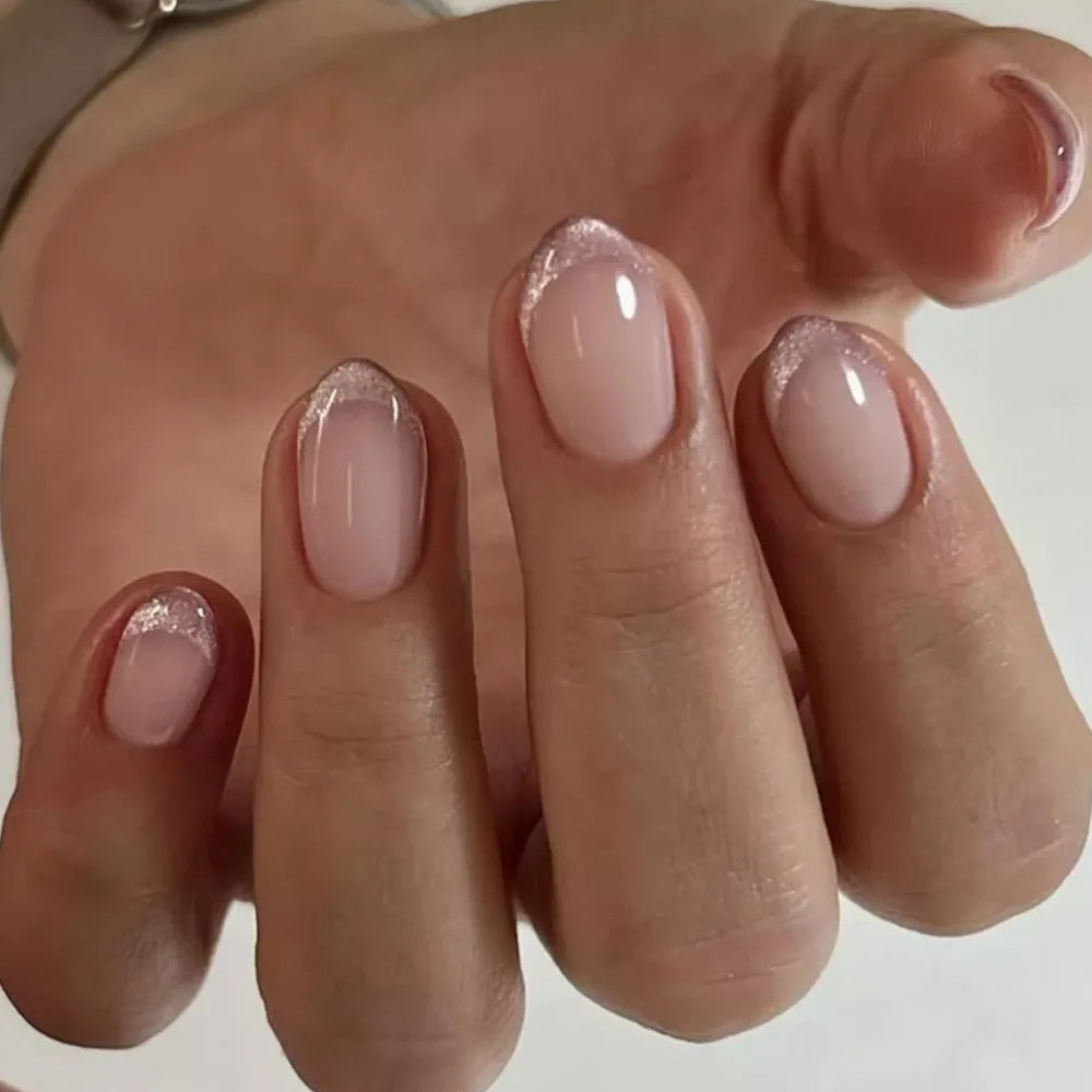 24Pcs Metallic Cat Eye French Sheer Manicure Tip Art Textured 3D Acrylic False Nails Nude Pink Almond Medium Press on Fake Nails