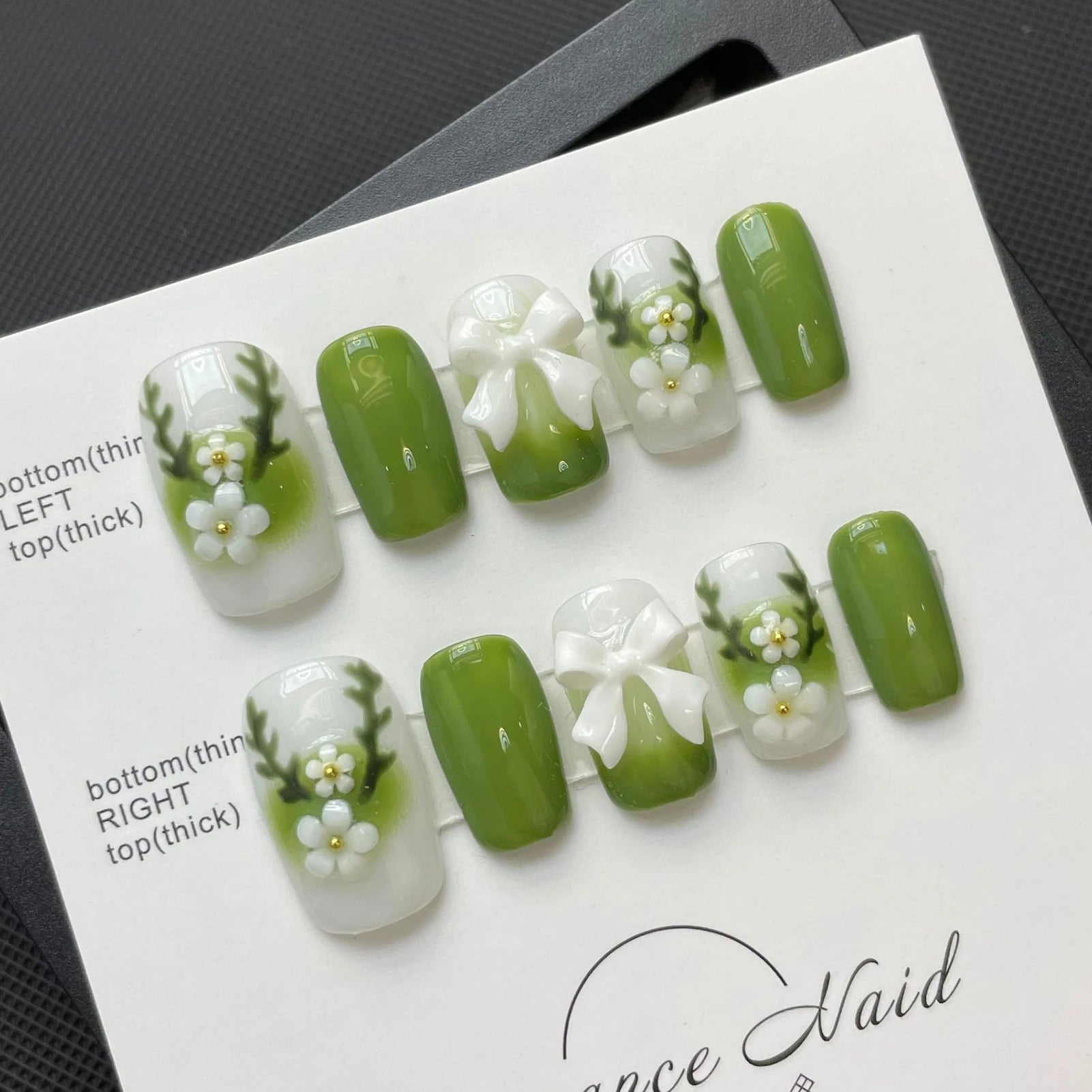 10pcs Green Blush Gradient Fake Nails Handmade Press On Nails With Cute Flower Bowknot Decor Sweet Spring Square Head False Nail