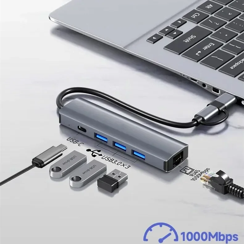 5-in-2 USB C Hub Multiport Adapter with Gigabit Ethernet, USB 3.0 & Type-C - Docking Station for MacBook Pro, Laptops & Tablets