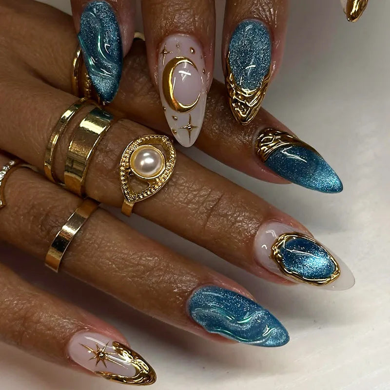 24pcs Romantic Y2k Star Press On Nails Gradient Blue French Style Gold Moon Designs Fake Nail Sweet Almond False Nails For Women