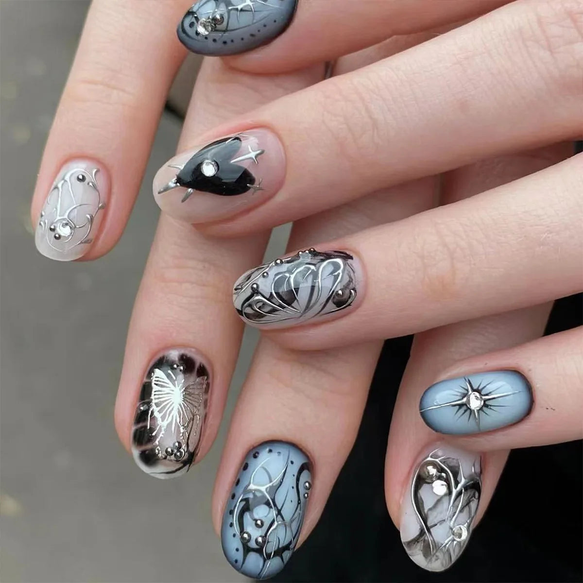 24Pcs False Nails Spicy Girl Silver Bow with Diamond Fake Nails with Glue Almond Press on Nails Black Cool Y2k Almond Nail Set