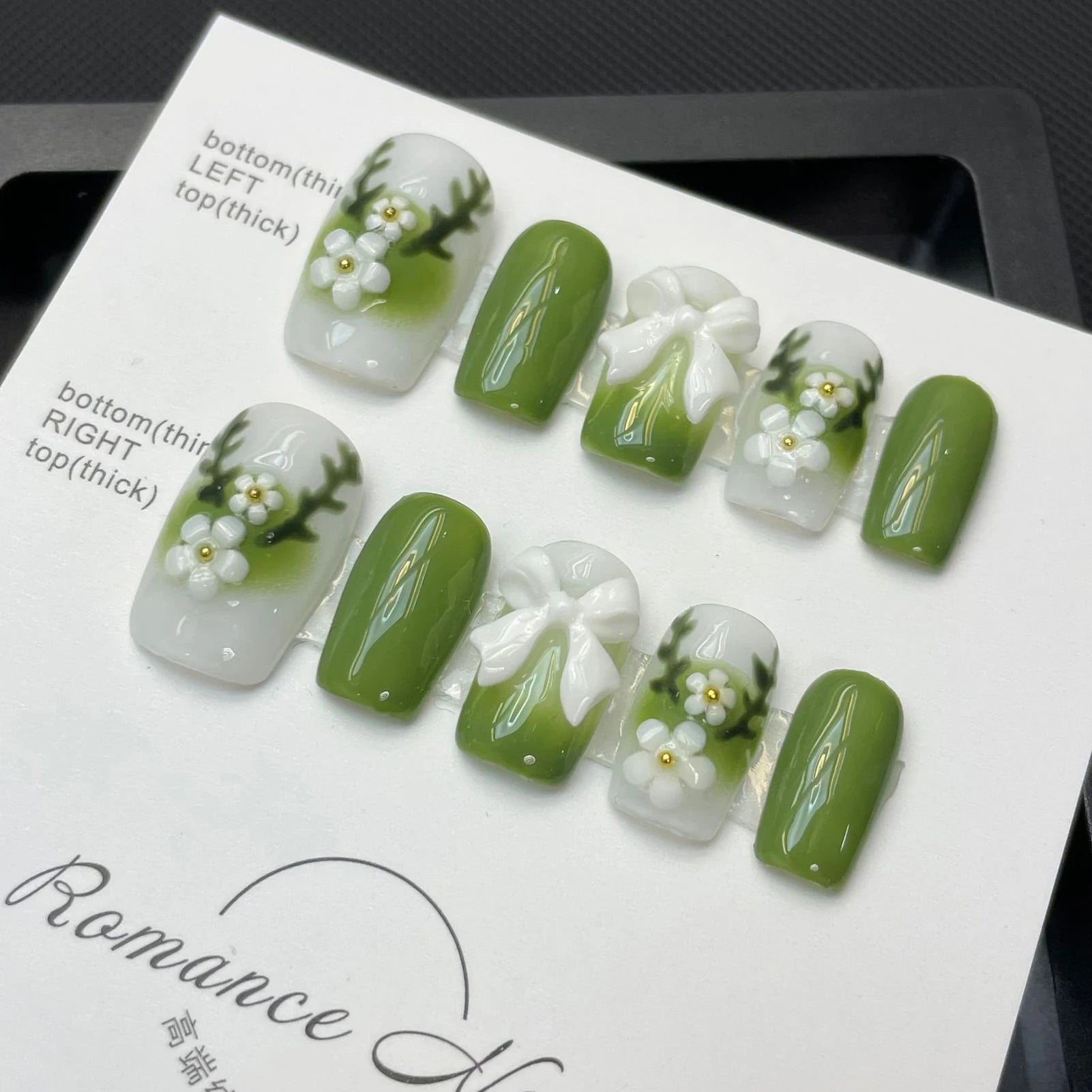 10pcs Green Blush Gradient Fake Nails Handmade Press On Nails With Cute Flower Bowknot Decor Sweet Spring Square Head False Nail