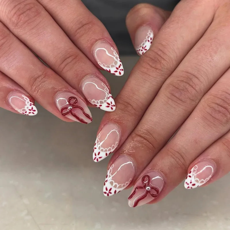 24Pcs False Nails Spicy Girl Silver Bow with Diamond Fake Nails with Glue Almond Press on Nails Black Cool Y2k Almond Nail Set