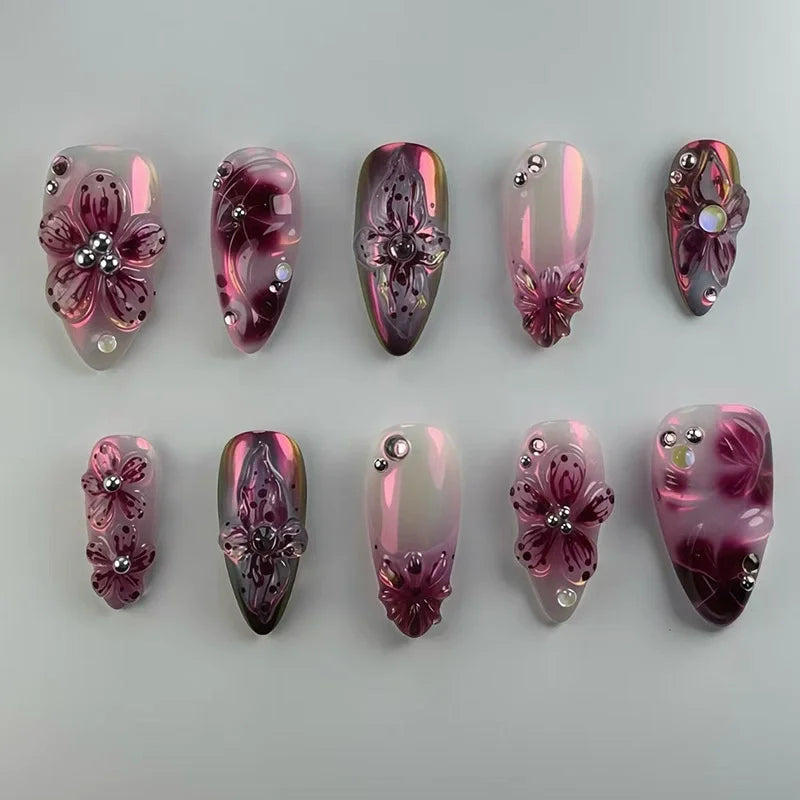 24Pcs False Nails Spicy Girl Silver Bow with Diamond Fake Nails with Glue Almond Press on Nails Black Cool Y2k Almond Nail Set