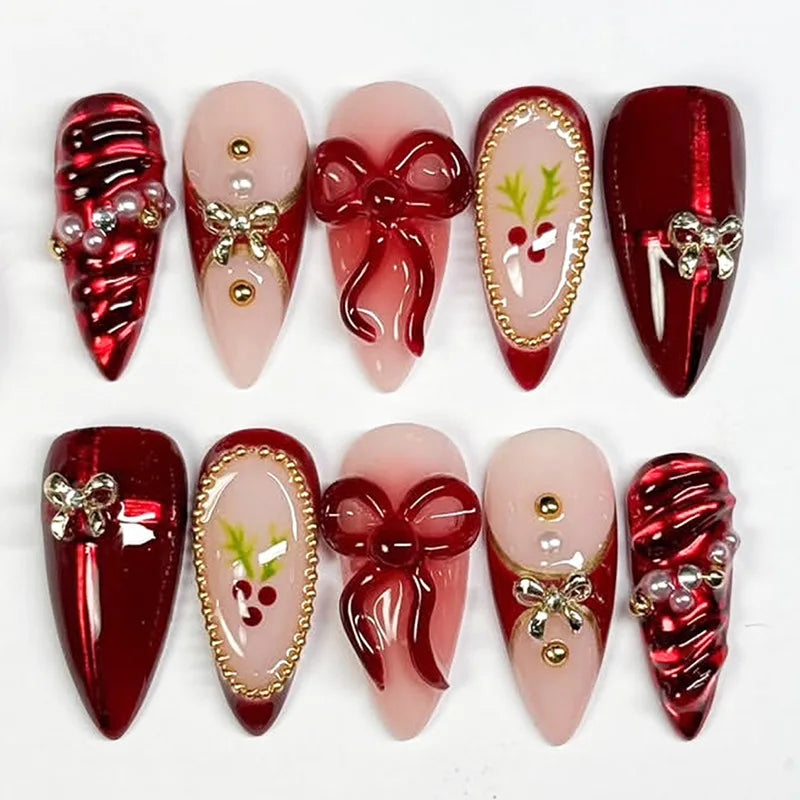 24Pcs False Nails Spicy Girl Silver Bow with Diamond Fake Nails with Glue Almond Press on Nails Black Cool Y2k Almond Nail Set