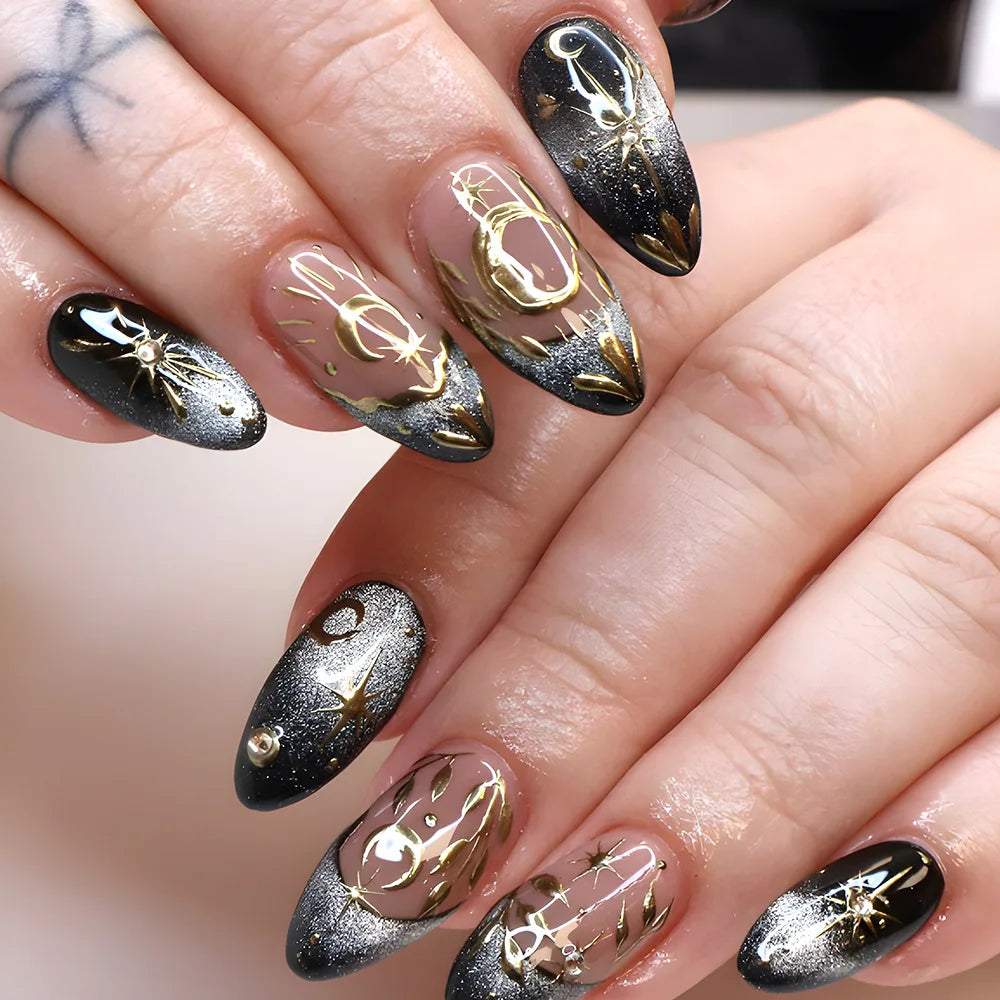 24pcs Romantic Y2k Star Press On Nails Gradient Blue French Style Gold Moon Designs Fake Nail Sweet Almond False Nails For Women