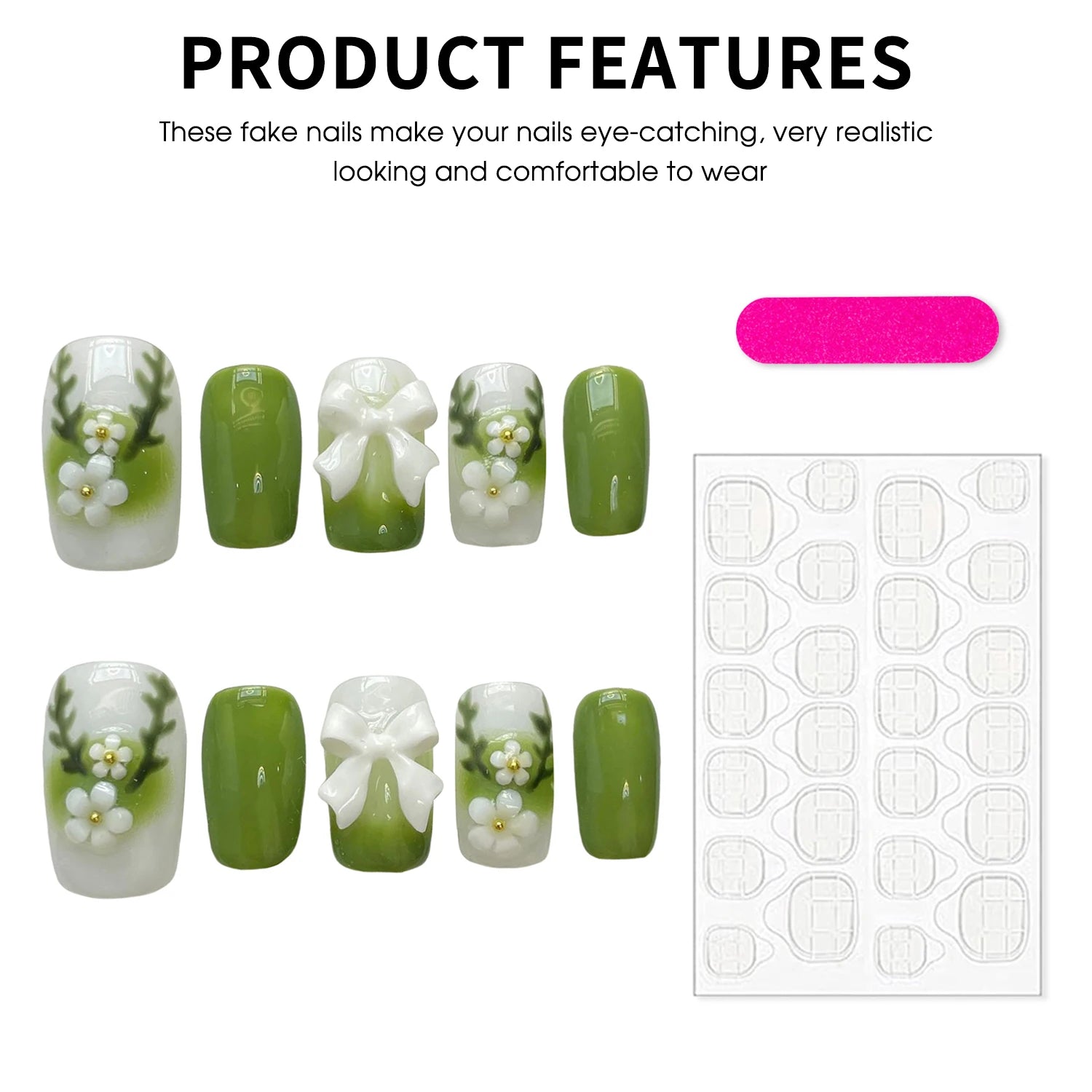 10pcs Green Blush Gradient Fake Nails Handmade Press On Nails With Cute Flower Bowknot Decor Sweet Spring Square Head False Nail