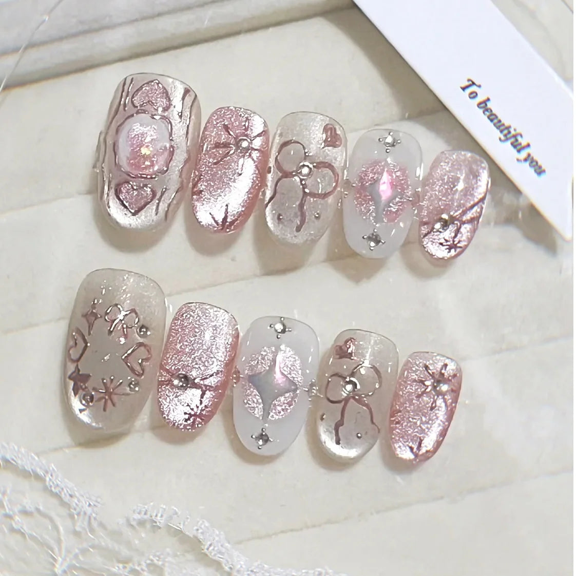 24pcs Cat's Eye Purple False Nail Tip Spring Aurora Starlight Rhinestone Design Fake Nail Reusable Short Oval Press on Nails Art