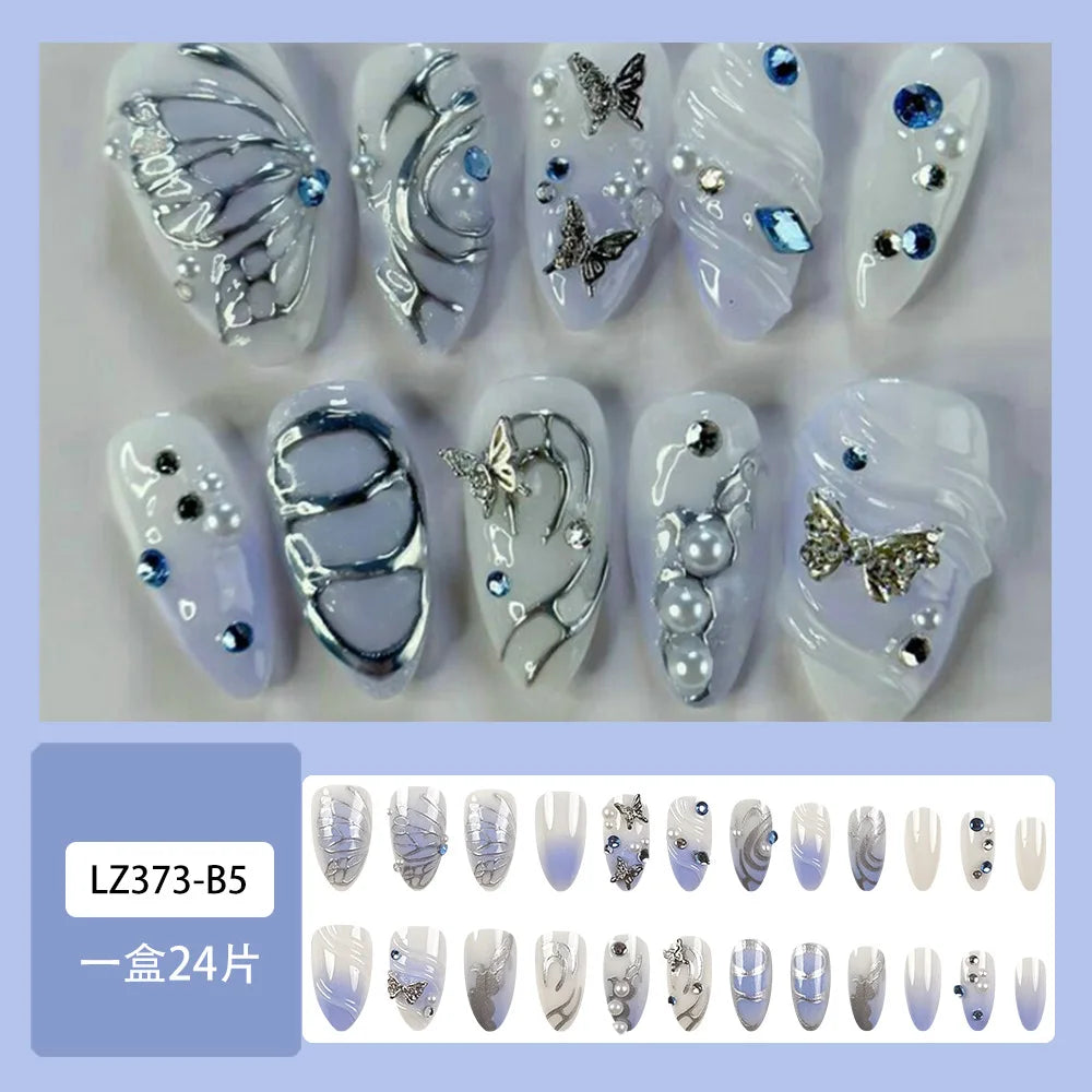 24pcs Romantic Y2k Star Press On Nails Gradient Blue French Style Gold Moon Designs Fake Nail Sweet Almond False Nails For Women