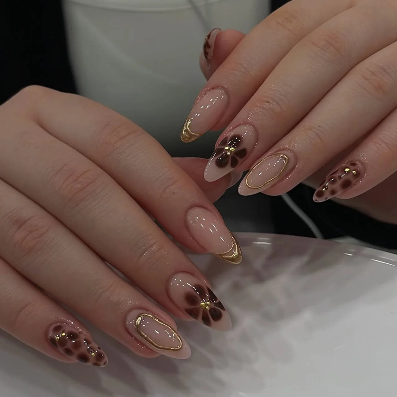 24Pcs False Nails Spicy Girl Silver Bow with Diamond Fake Nails with Glue Almond Press on Nails Black Cool Y2k Almond Nail Set