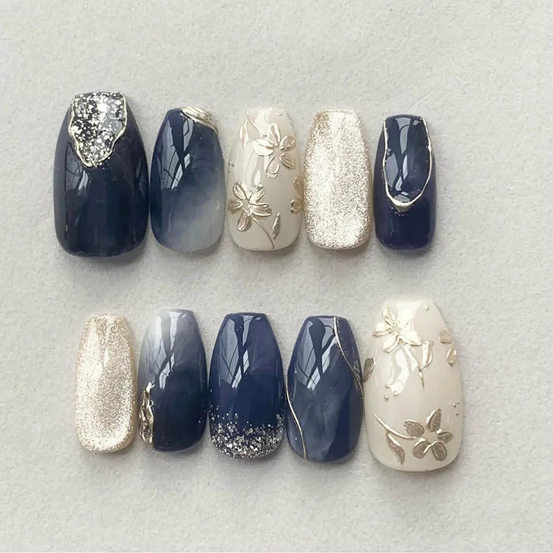 24pcs Romantic Y2k Star Press On Nails Gradient Blue French Style Gold Moon Designs Fake Nail Sweet Almond False Nails For Women