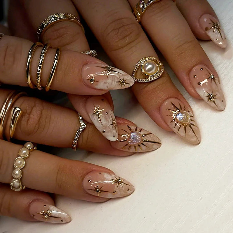 24Pcs False Nails Spicy Girl Silver Bow with Diamond Fake Nails with Glue Almond Press on Nails Black Cool Y2k Almond Nail Set