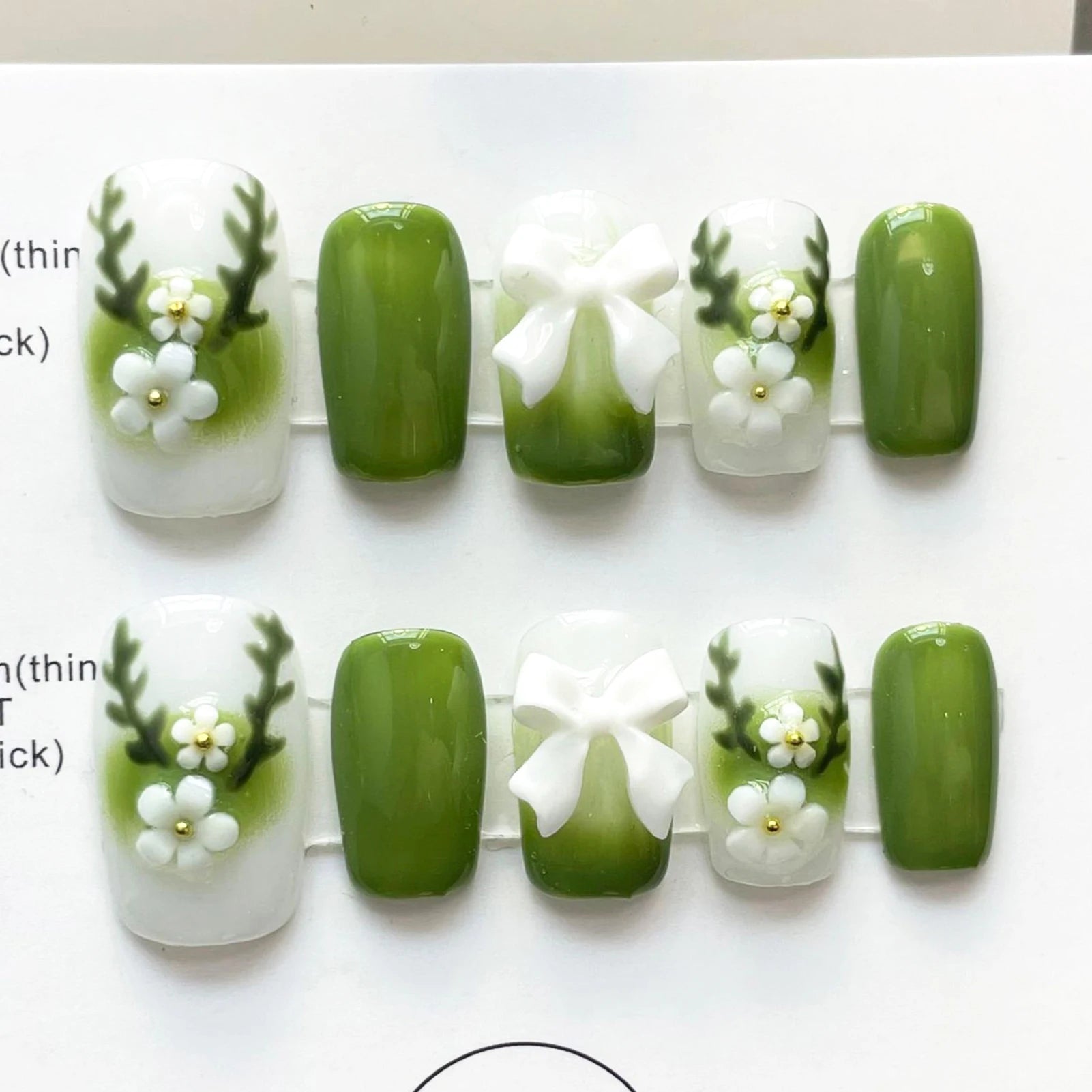 10pcs Green Blush Gradient Fake Nails Handmade Press On Nails With Cute Flower Bowknot Decor Sweet Spring Square Head False Nail