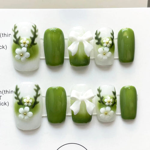 10pcs Green Blush Gradient Fake Nails Handmade Press On Nails With Cute Flower Bowknot Decor Sweet Spring Square Head False Nail