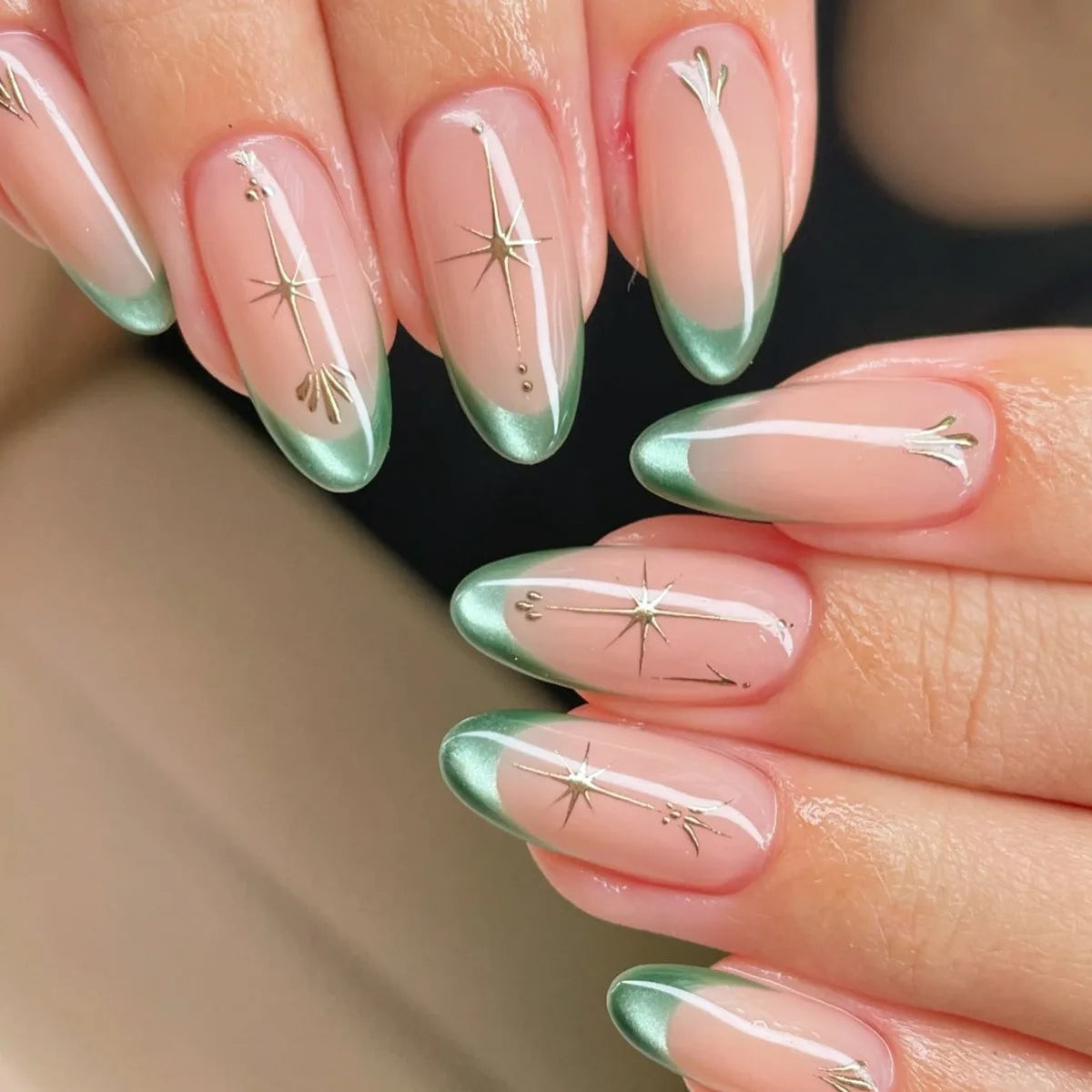 24pcs Romantic Y2k Star Press On Nails Gradient Blue French Style Gold Moon Designs Fake Nail Sweet Almond False Nails For Women