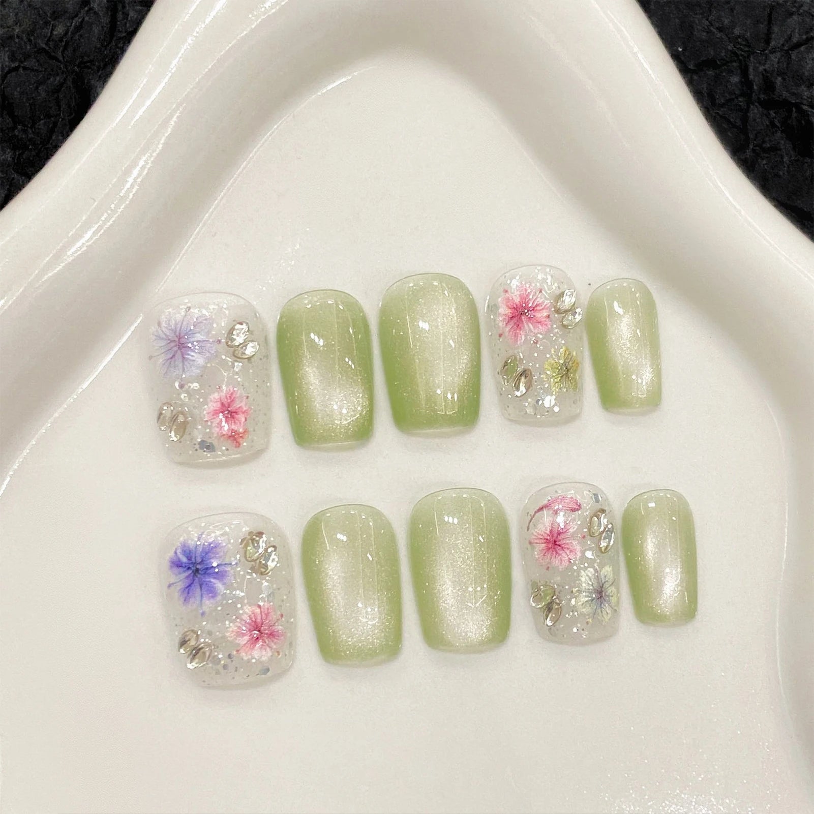 10pcs Green Blush Gradient Fake Nails Handmade Press On Nails With Cute Flower Bowknot Decor Sweet Spring Square Head False Nail