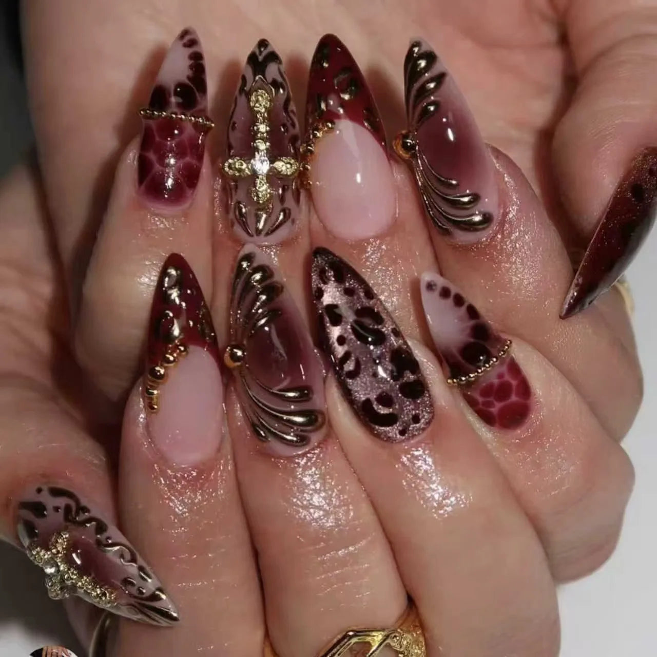 24Pcs False Nails Spicy Girl Silver Bow with Diamond Fake Nails with Glue Almond Press on Nails Black Cool Y2k Almond Nail Set