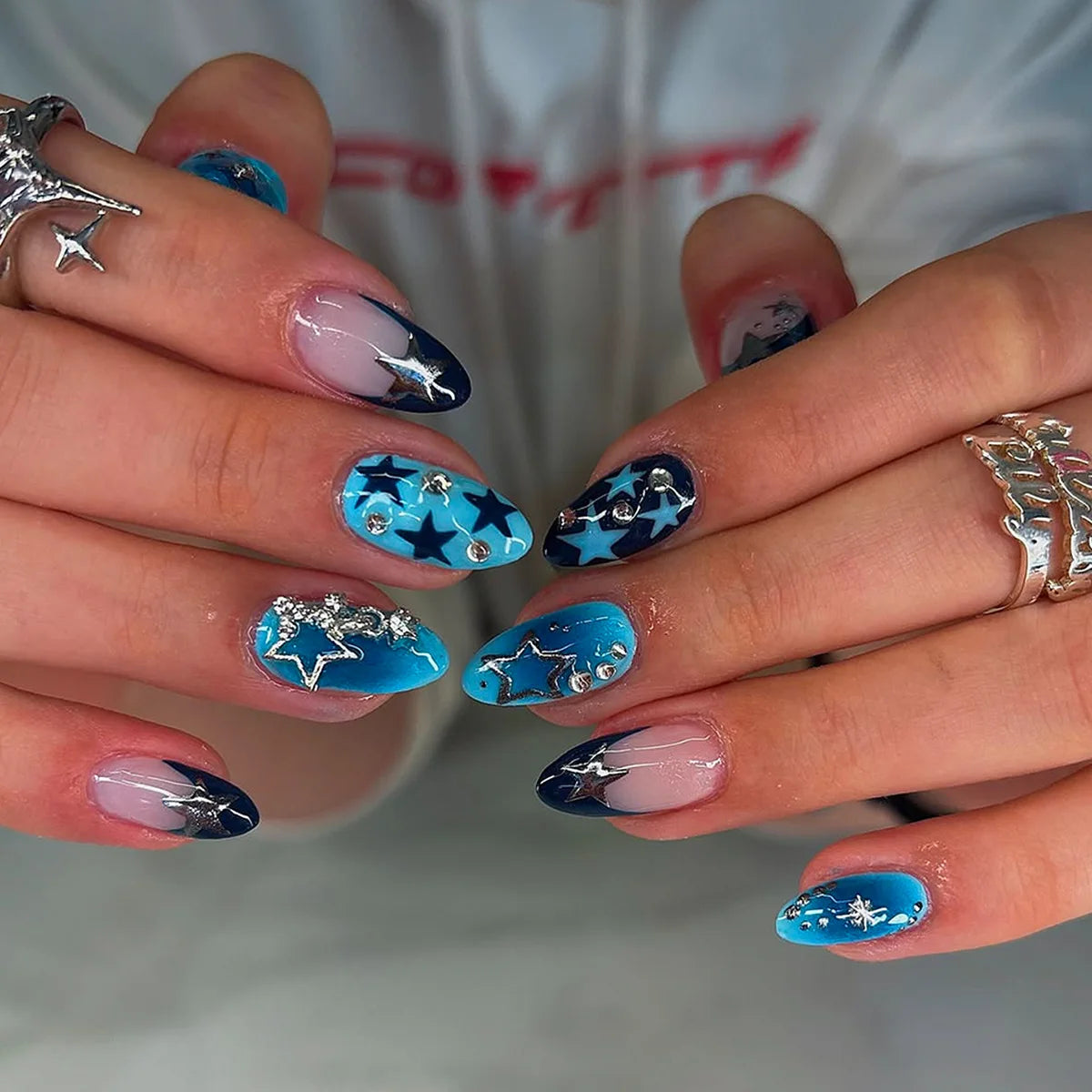 24Pcs False Nails Spicy Girl Silver Bow with Diamond Fake Nails with Glue Almond Press on Nails Black Cool Y2k Almond Nail Set