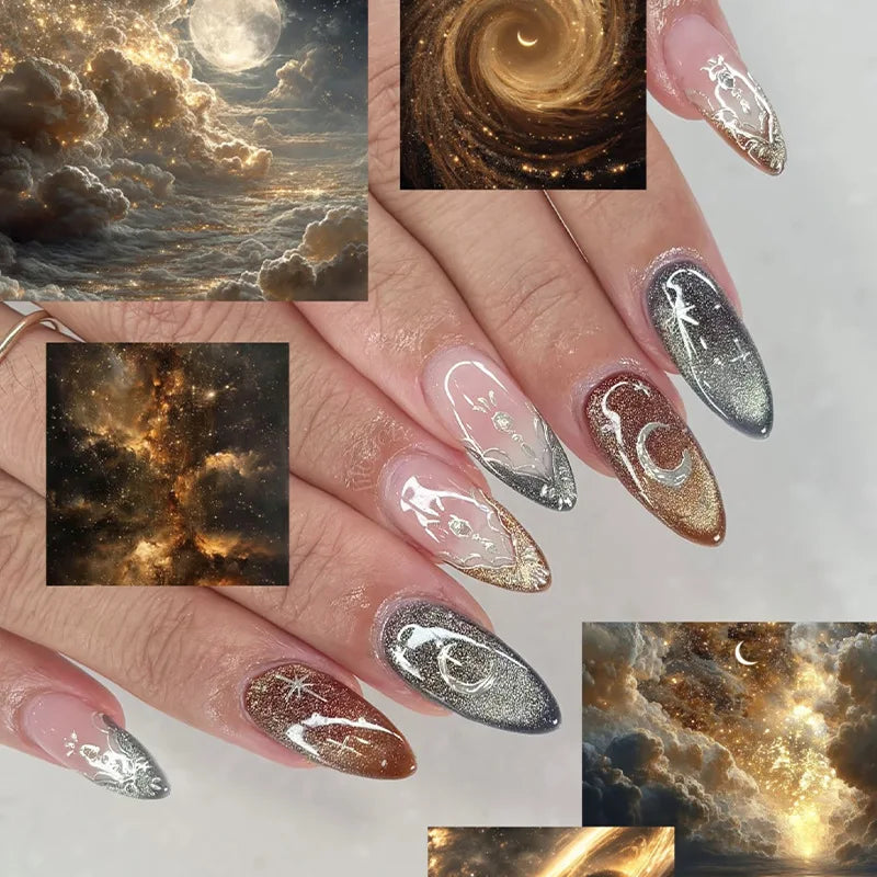 24pcs Romantic Y2k Star Press On Nails Gradient Blue French Style Gold Moon Designs Fake Nail Sweet Almond False Nails For Women
