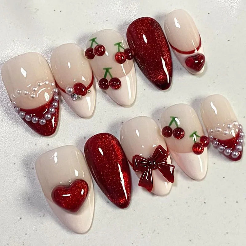 24Pcs False Nails Spicy Girl Silver Bow with Diamond Fake Nails with Glue Almond Press on Nails Black Cool Y2k Almond Nail Set