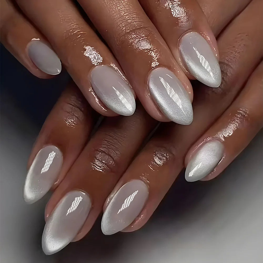 24Pcs Metallic Cat Eye French Sheer Manicure Tip Art Textured 3D Acrylic False Nails Nude Pink Almond Medium Press on Fake Nails