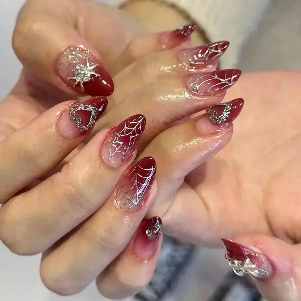 24Pcs False Nails Spicy Girl Silver Bow with Diamond Fake Nails with Glue Almond Press on Nails Black Cool Y2k Almond Nail Set