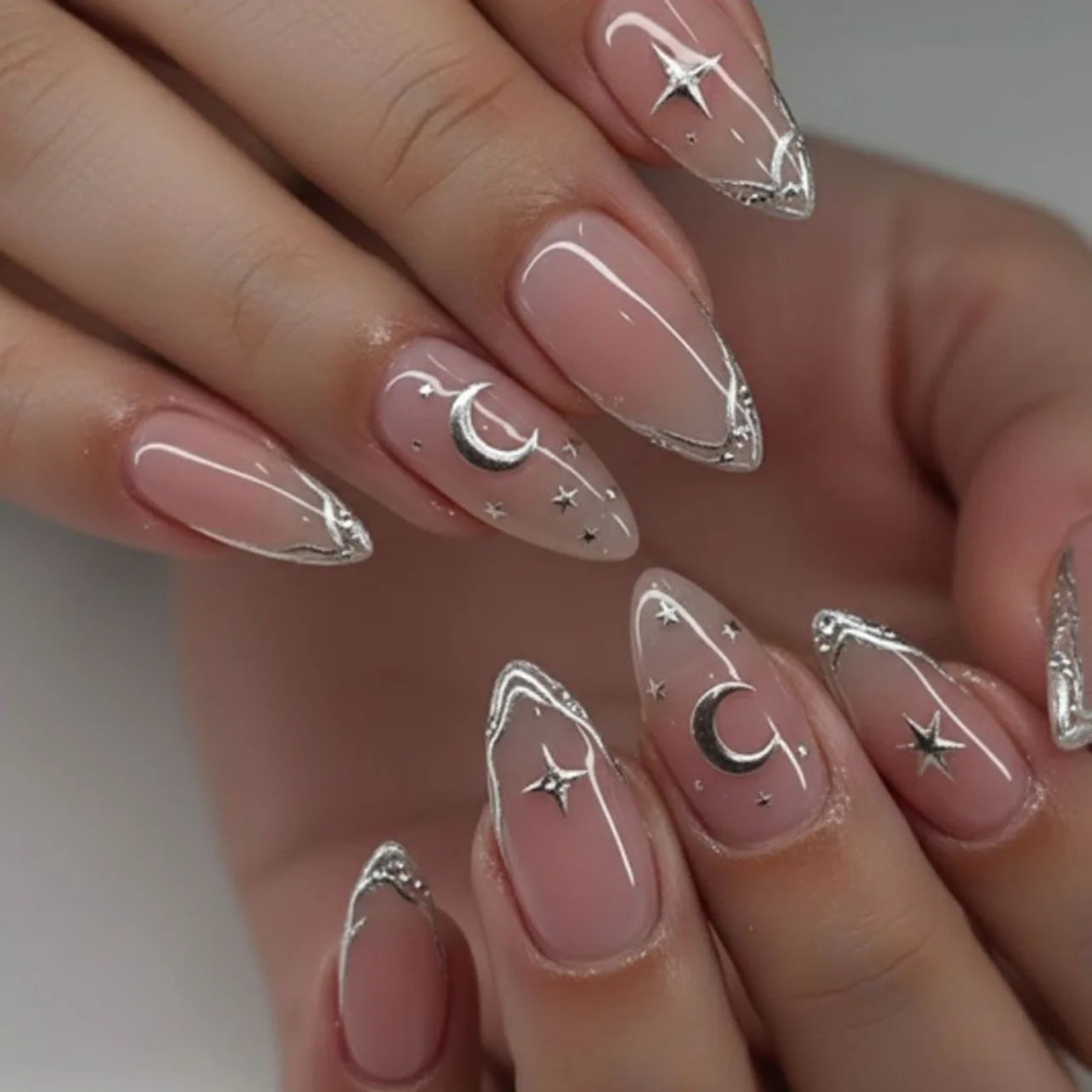 24pcs Romantic Y2k Star Press On Nails Gradient Blue French Style Gold Moon Designs Fake Nail Sweet Almond False Nails For Women
