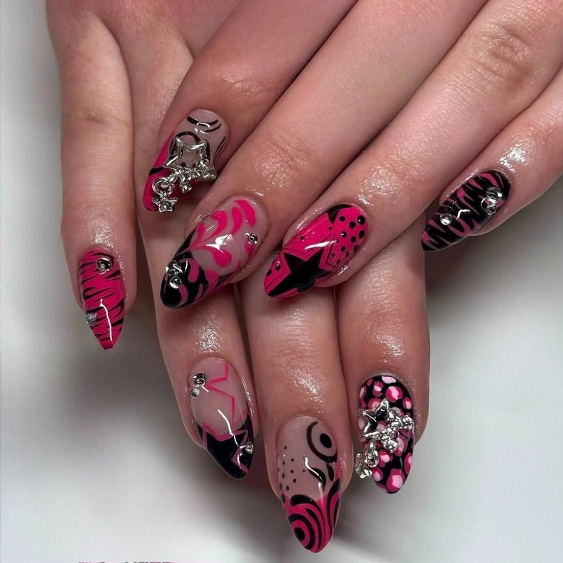 24Pcs False Nails Spicy Girl Silver Bow with Diamond Fake Nails with Glue Almond Press on Nails Black Cool Y2k Almond Nail Set