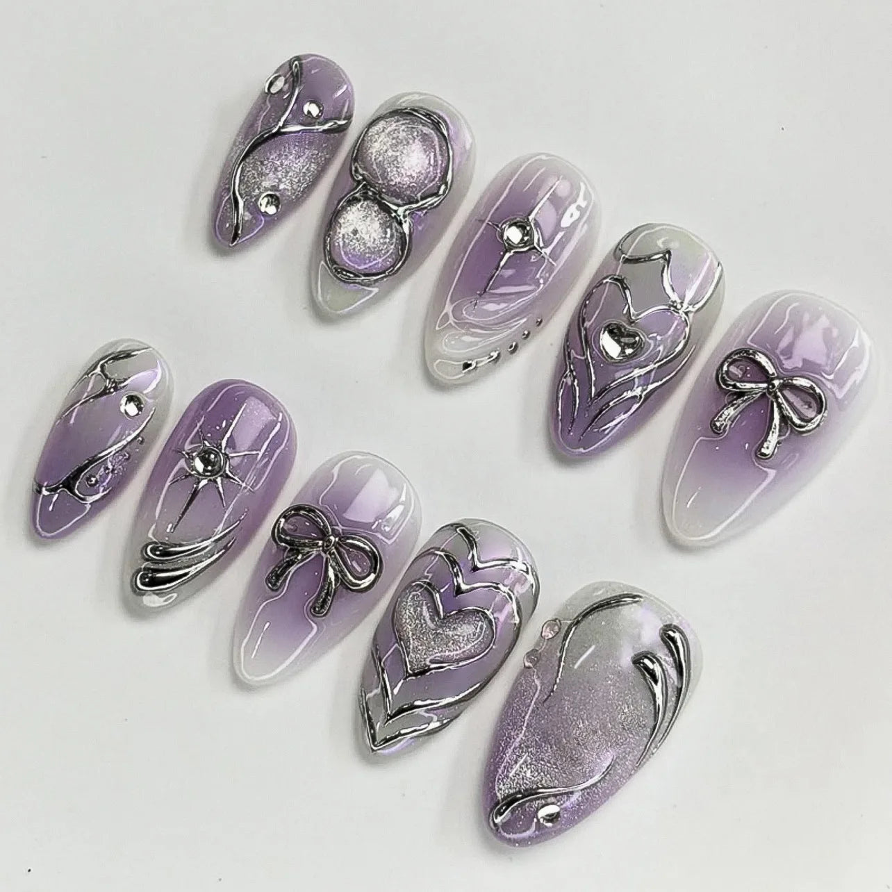 24Pcs False Nails Spicy Girl Silver Bow with Diamond Fake Nails with Glue Almond Press on Nails Black Cool Y2k Almond Nail Set