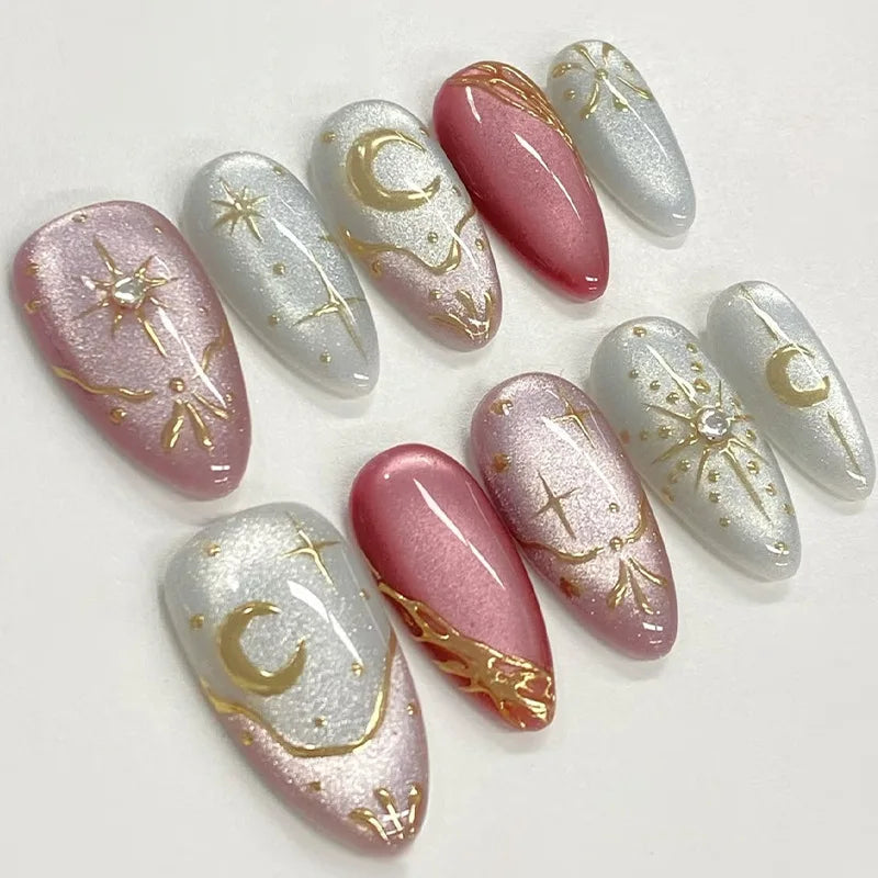 24pcs Romantic Y2k Star Press On Nails Gradient Blue French Style Gold Moon Designs Fake Nail Sweet Almond False Nails For Women