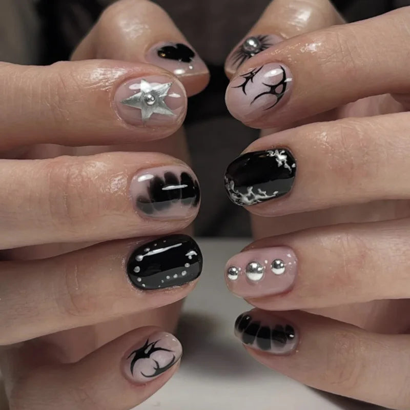 24Pcs False Nails Spicy Girl Silver Bow with Diamond Fake Nails with Glue Almond Press on Nails Black Cool Y2k Almond Nail Set