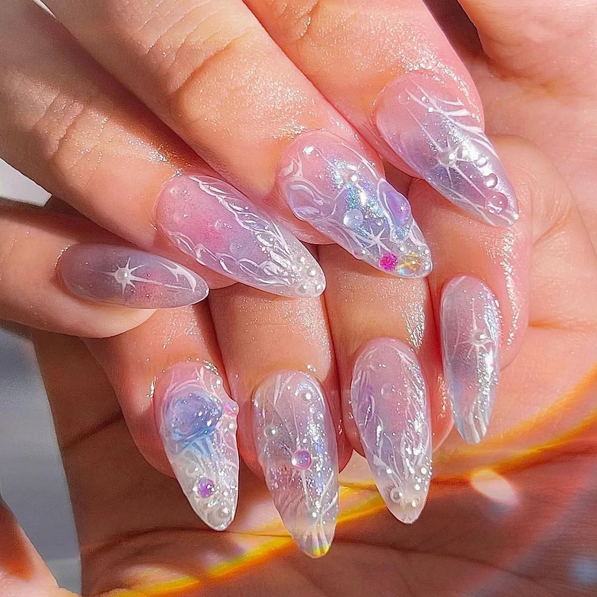 24pcs Romantic Y2k Star Press On Nails Gradient Blue French Style Gold Moon Designs Fake Nail Sweet Almond False Nails For Women