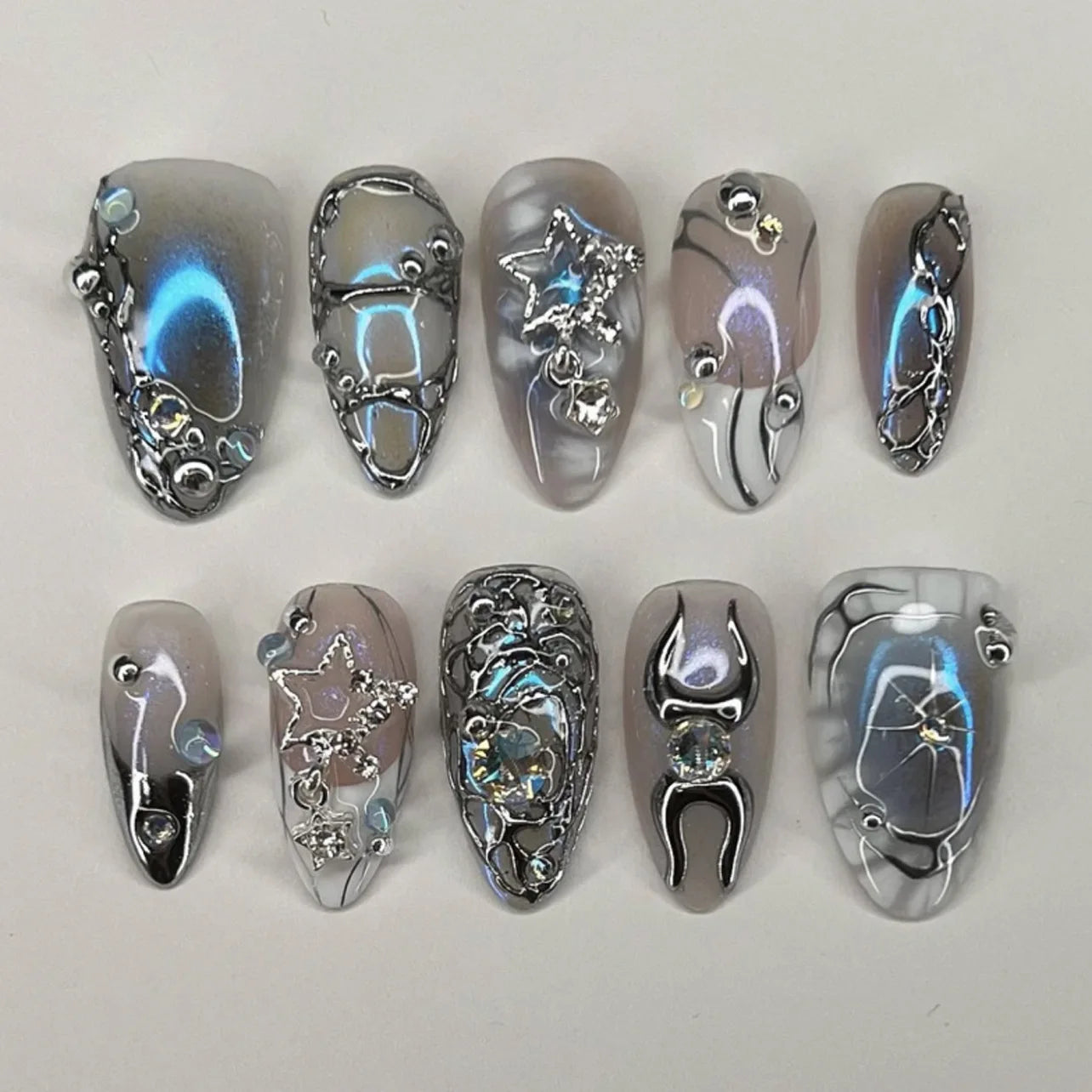 24Pcs False Nails Spicy Girl Silver Bow with Diamond Fake Nails with Glue Almond Press on Nails Black Cool Y2k Almond Nail Set